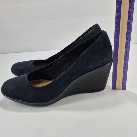 Clarks Artisan Flores Tulip Blue Suede Leather 3" Wedge Pumps Heels Woman's 10M. - Picture 5 of 10